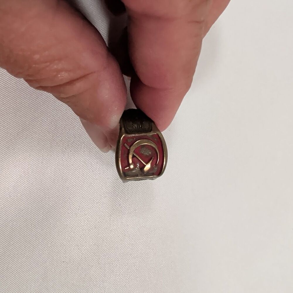 Vintage Adjustable Hammer & Sickle Red Enamel Ring Soviet Style Costume Jewelry